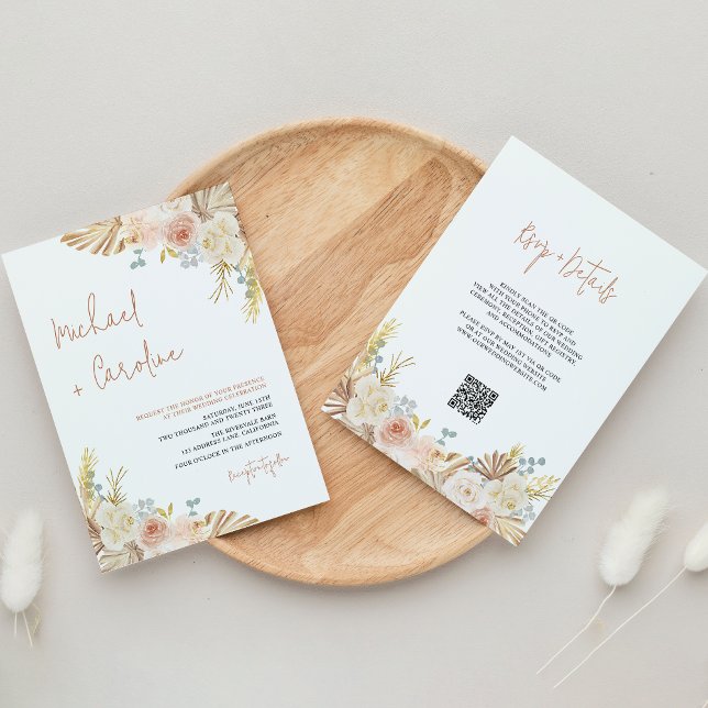Convites Código QR Boho Terracotta Pampas Casamento Floral (Criador carregado)