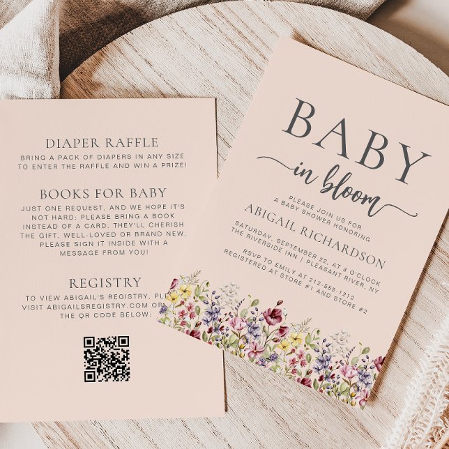 Convites Código QR Boho Wildflowers Blush para Chá de Bebê (Criador carregado)