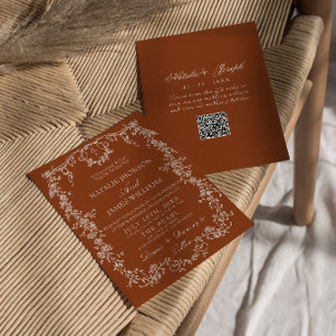 Convites Código QR Botânico Laranja Queimada Floral Casamen
