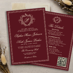 Convites Código QR burgundy clássico monograma formal casam