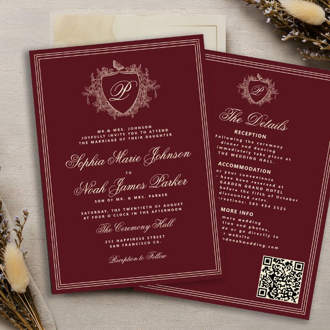 Convites Código QR burgundy clássico monograma formal casam (Criador carregado)
