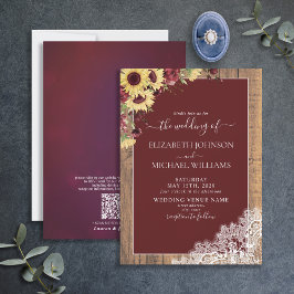 Convites Código QR Burgundy Sunflower Rustic Wood Casamento