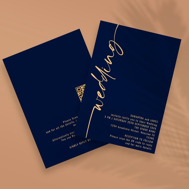 Convites Código QR Caligrafia Elegante Casamento Dourado Az (Criador carregado)