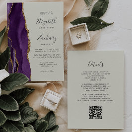 Convites Código QR Casamento Ágata Dourada Roxa Marfim