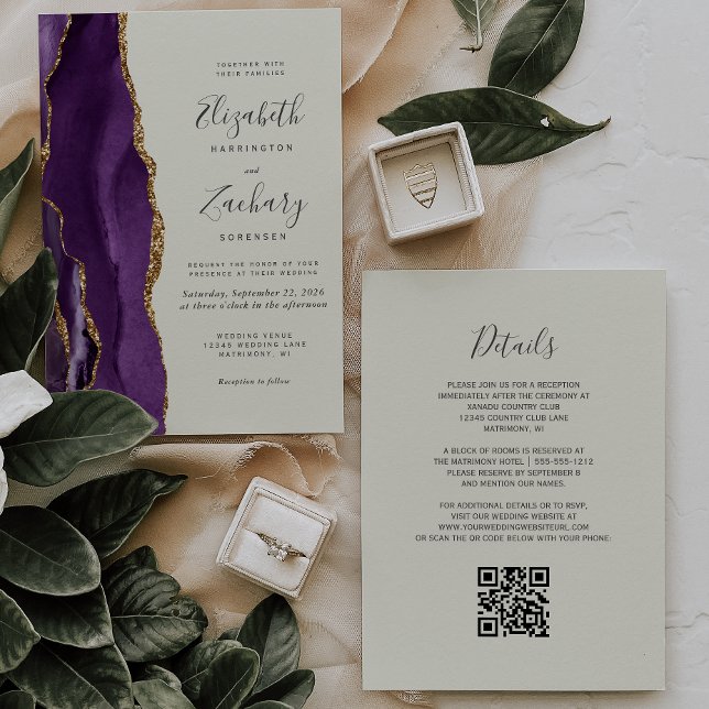 Convites Código QR Casamento Ágata Dourada Roxa Marfim (Criador carregado)