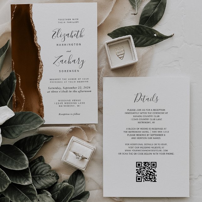 Convites Código QR Casamento Ágata Marrom Mocha Dourado (Criador carregado)