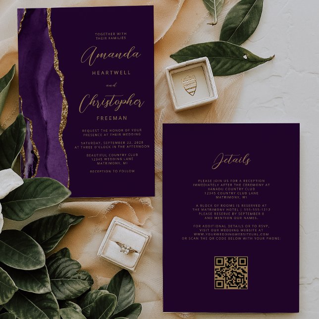 Convites Código QR Casamento Ameixa Ágata Dourado Roxo (Criador carregado)