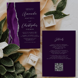 Convites Código QR Casamento Ameixa Ágata Prata Roxa