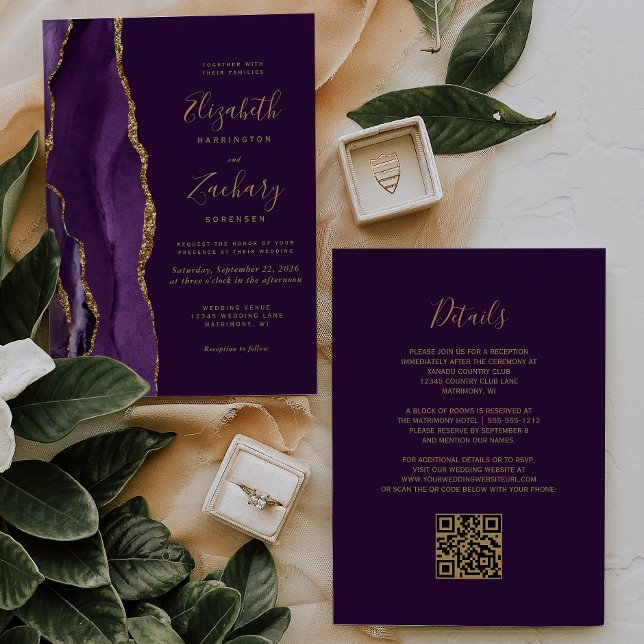 Convites Código QR Casamento Ameixa Ágata Roxo Dourado (Criador carregado)