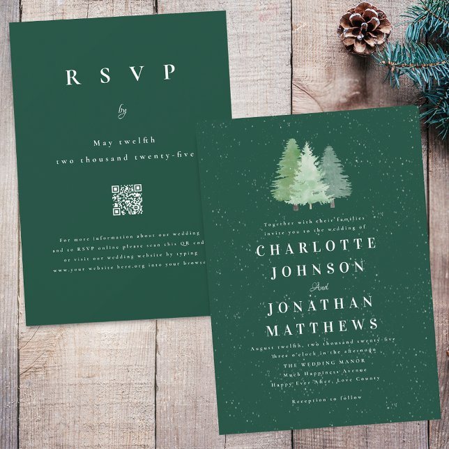 Convites Código QR Casamento Aquarela Floresta Neve de Inve (Modern winter Woodland green wedding qr code invitation watercolor evergreen pine fir  forest trees)