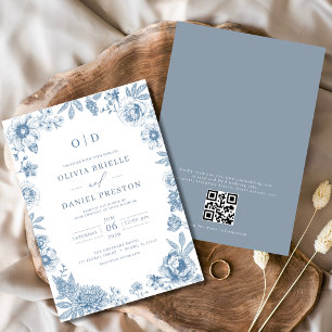Convites Código QR Casamento Azul Dusty Francês Vitoriano