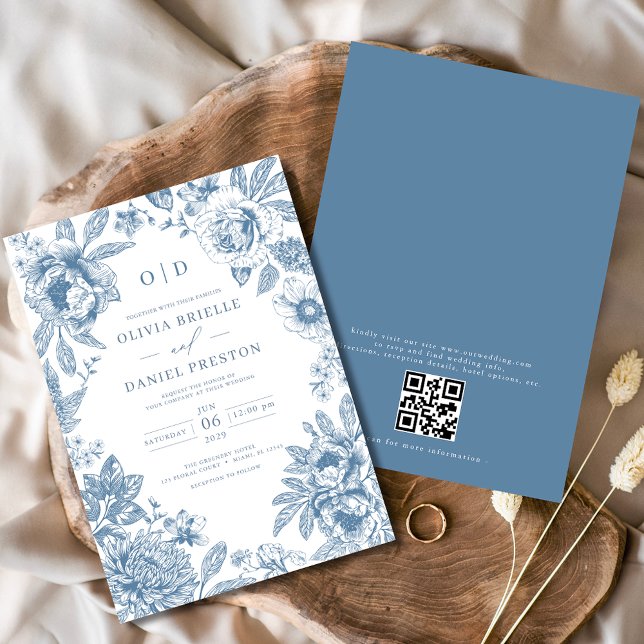Convites Código QR Casamento Azul Dusty Francês Vitoriano (Criador carregado)