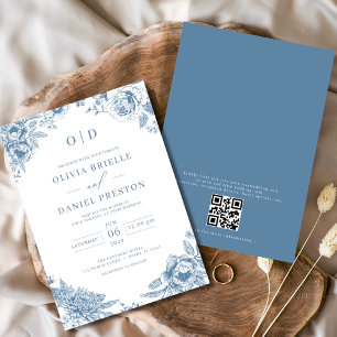 Convites Código QR Casamento Azul Dusty Francês Vitoriano