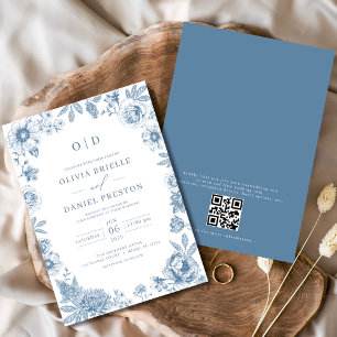 Convites Código QR Casamento Azul Dusty Francês Vitoriano