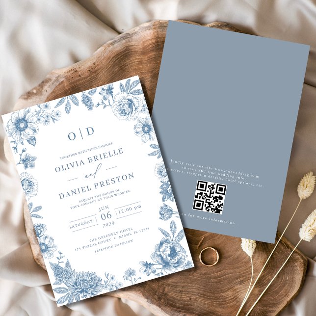 Convites Código QR Casamento Azul Dusty Francês Vitoriano (Criador carregado)