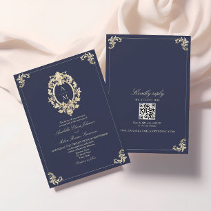 Convites Código QR Casamento Azul Marinho Barroco