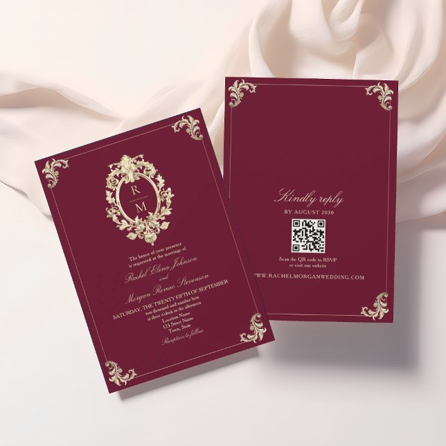 Convites Código QR Casamento Barroco Dourado Burgundy (Criador carregado)