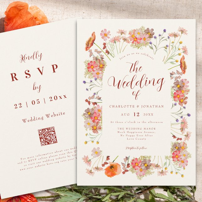 Convites Código QR Casamento Boho Flor Silvestre (Boho wildflower elegant fall wedding qr code invitation )