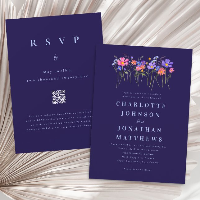 Convites Código QR Casamento Boho Flor Silvestre Azul Marin (Elegant wildflower vibrant floral navy blue wedding qr code invitation)