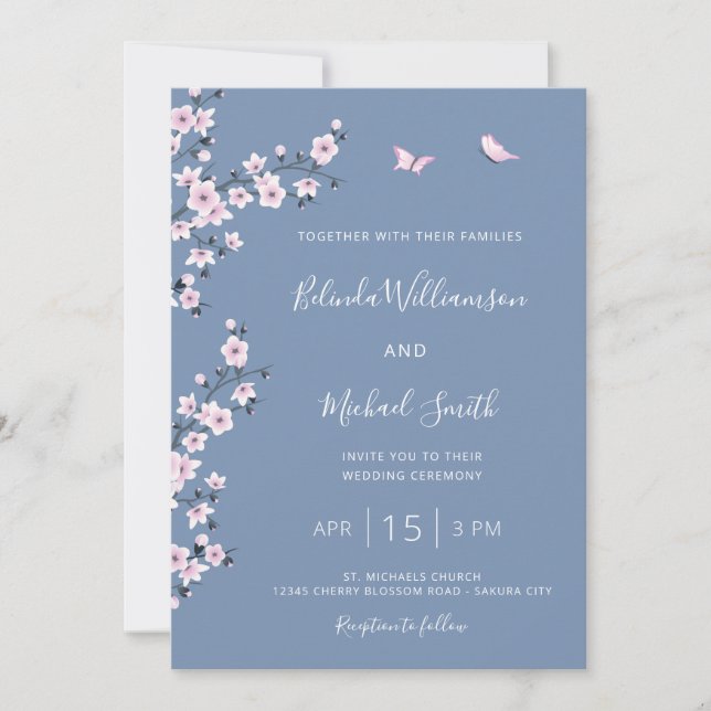 Convites Código QR Casamento Cerejeira Azul em Flor (Frente)