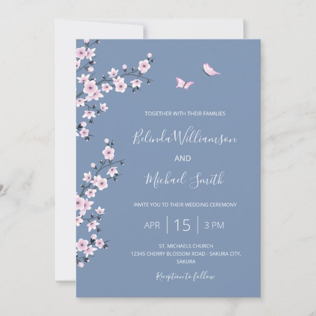 Convites Código QR Casamento Cerejeira Azul em Flor (Frente)