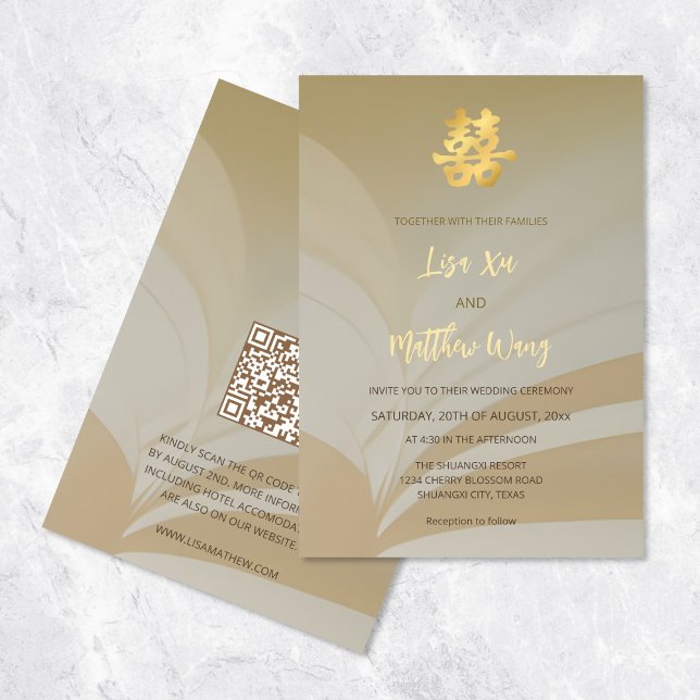 Convites Código QR | Casamento Chinês Arte Abstrata Bege (Criador carregado)