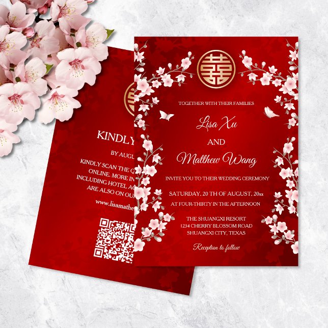 Convites Código QR Casamento Chinês de Cerejeira Rosa Pinta (Criador carregado)