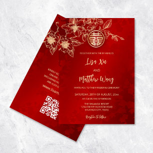 Convites Código QR   Casamento Chinês Dourado Vermelho Magn