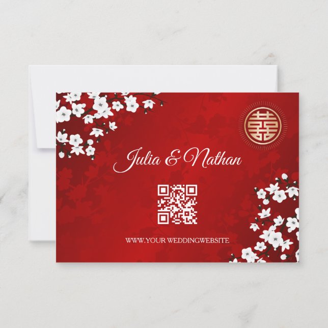 Convites Código QR | Casamento chinês RSVP-RSVP de Cereja (Verso)