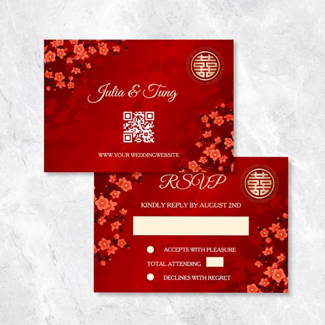 Convites Código QR | Casamento chinês RSVP-RSVP de Cereja (Criador carregado)