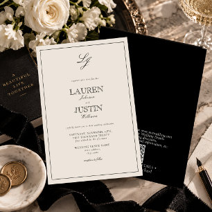 Convites Código QR Casamento Clássico Preto e Marfim Monogr