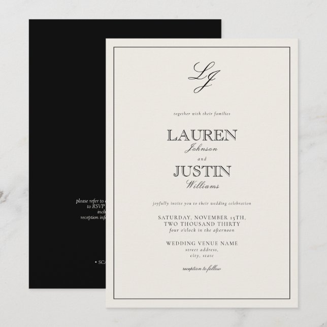 Convites Código QR Casamento Clássico Preto e Marfim Monogr (Frente/Verso)