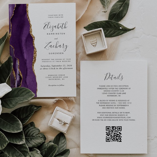 Convites Código QR Casamento de Agata Dourada Roxo (Criador carregado)