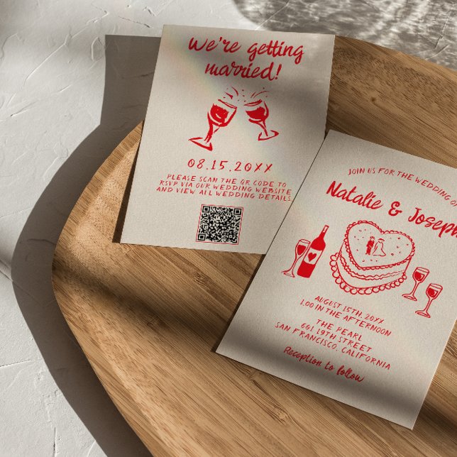 Convites Código QR Casamento de Bolo Vermelho Quirky Desenh (Criador carregado)