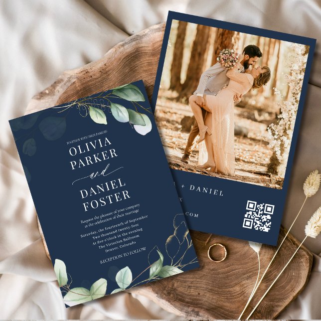 Convites Código QR Casamento de Foto Azul do Marinho Eucaly (Criador carregado)
