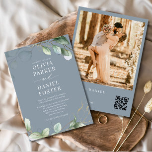 Convites Código QR Casamento de Foto Azul Eucalyptus Dusty