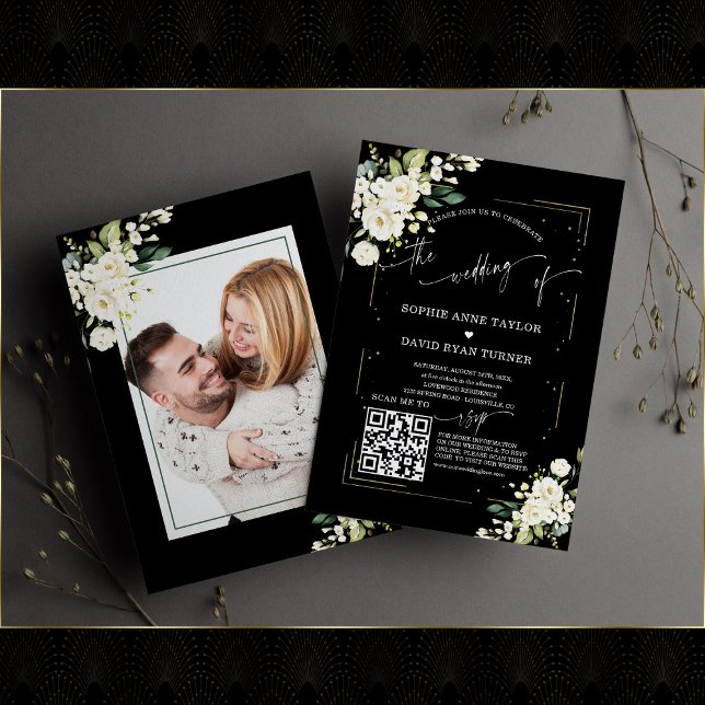 Convites Código QR Casamento de Foto Floral Moderna Caligra (Criador carregado)
