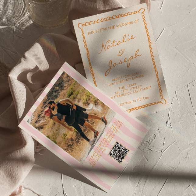 Convites Código QR Casamento de Foto Pinstripes Escrito à M (Criador carregado)