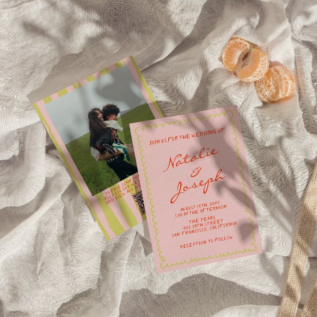 Convites Código QR Casamento de Foto Pinstripes Escrito à M (Criador carregado)