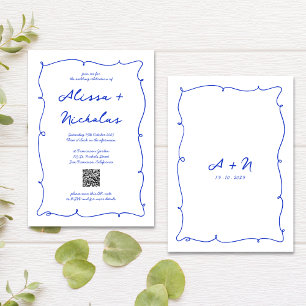 Convites Código QR Casamento de Monograma Azul Brilhante