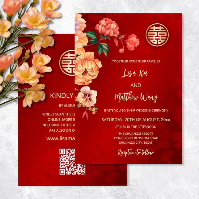 Convites Código QR | Casamento de Peony Chinês (Criador carregado)