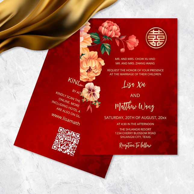 Convites Código QR | Casamento de Peony Chinês (Criador carregado)