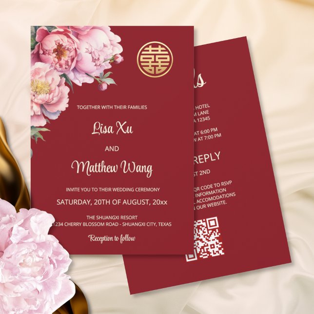Convites Código Qr | Casamento de Peony Chinês em Watercolo (Criador carregado)