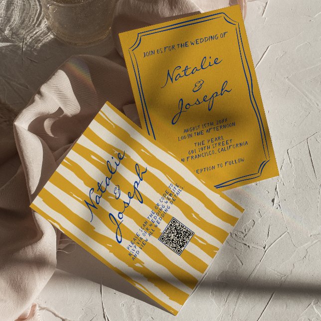 Convites Código QR Casamento de Pinstripes Escrito à Mão de (Criador carregado)