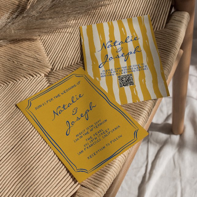 Convites Código QR Casamento de Pinstripes Escrito à Mão de (Criador carregado)