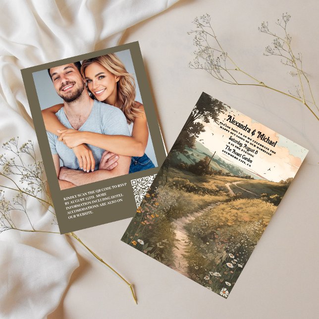 Convites Código QR Casamento de Prados Russos Rústicos Selv (Criador carregado)