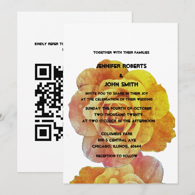 Convites Código QR Casamento de Rosa Floral Branco Amarelo  (Frente/Verso)