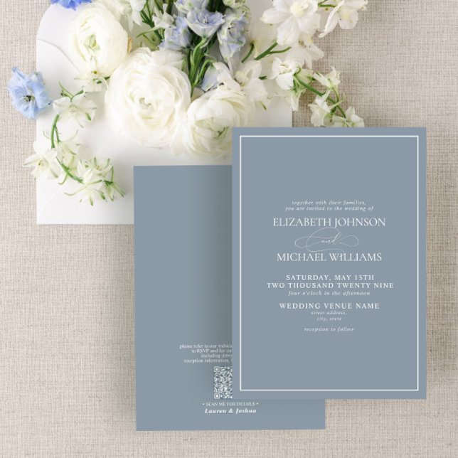 Convites Código QR Casamento de Script Clássico Azul Dusty  (Criador carregado)