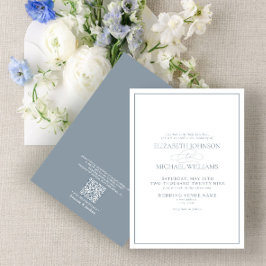Convites Código QR Casamento de Script Clássico Azul Dusty