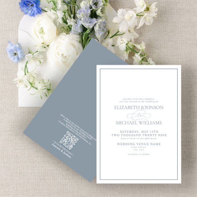 Convites Código QR Casamento de Script Clássico Azul Dusty  (Criador carregado)